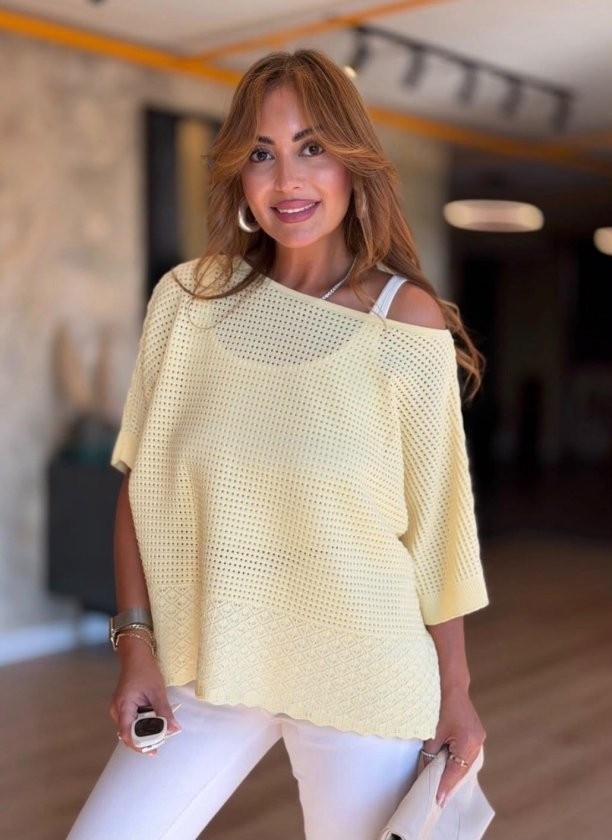Gökyüzü Moda Kadın Kayık Yaka Fakir Kol Ajurlu Triko Kazak
