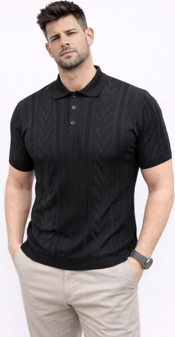 Fantastik Store Erkek Yazlık Triko Tişört Kısa Kol Polo Yaka Düğmeli T-Shirt - Siyah