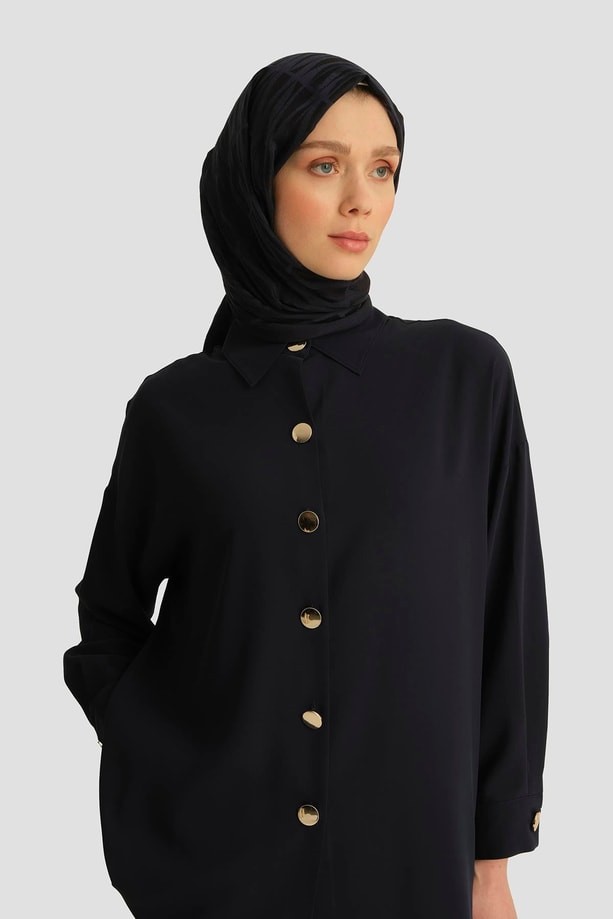Armine Metal Düğmeli Oversize Tunik Lacivert görsel 2