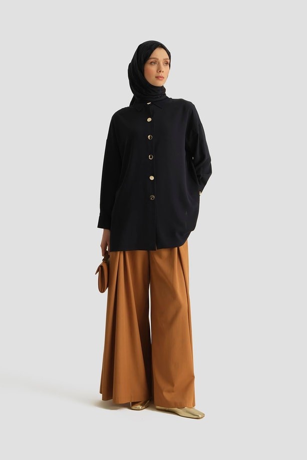 Armine Metal Düğmeli Oversize Tunik Lacivert görsel 3