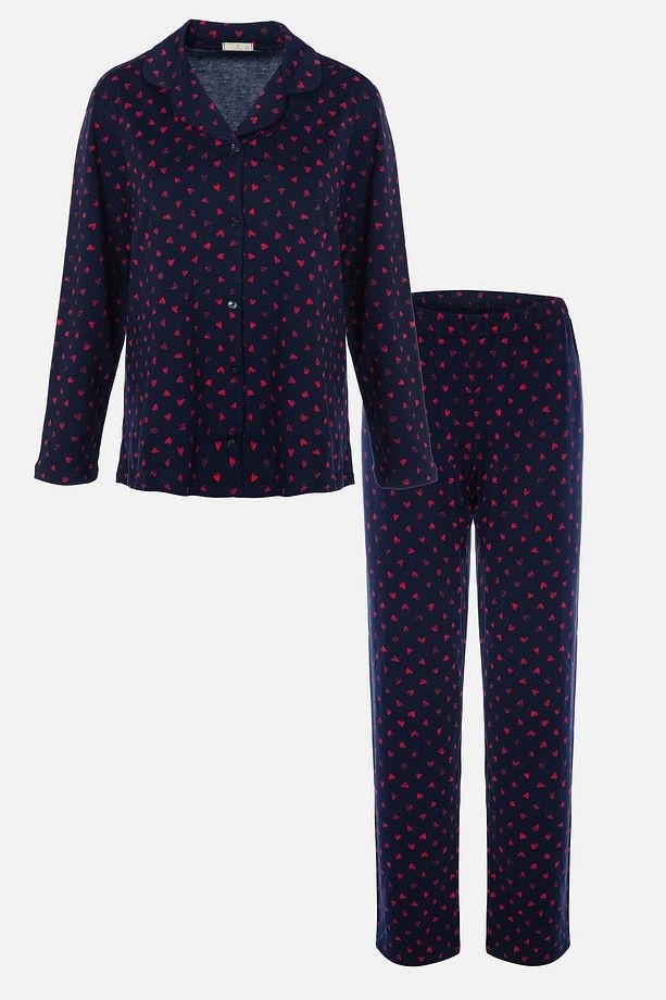 Koza İç Giyim Kadın Lacivert Kırmızı Kalpli Desenli Pamuklu Düğmeli Pijama Takımı