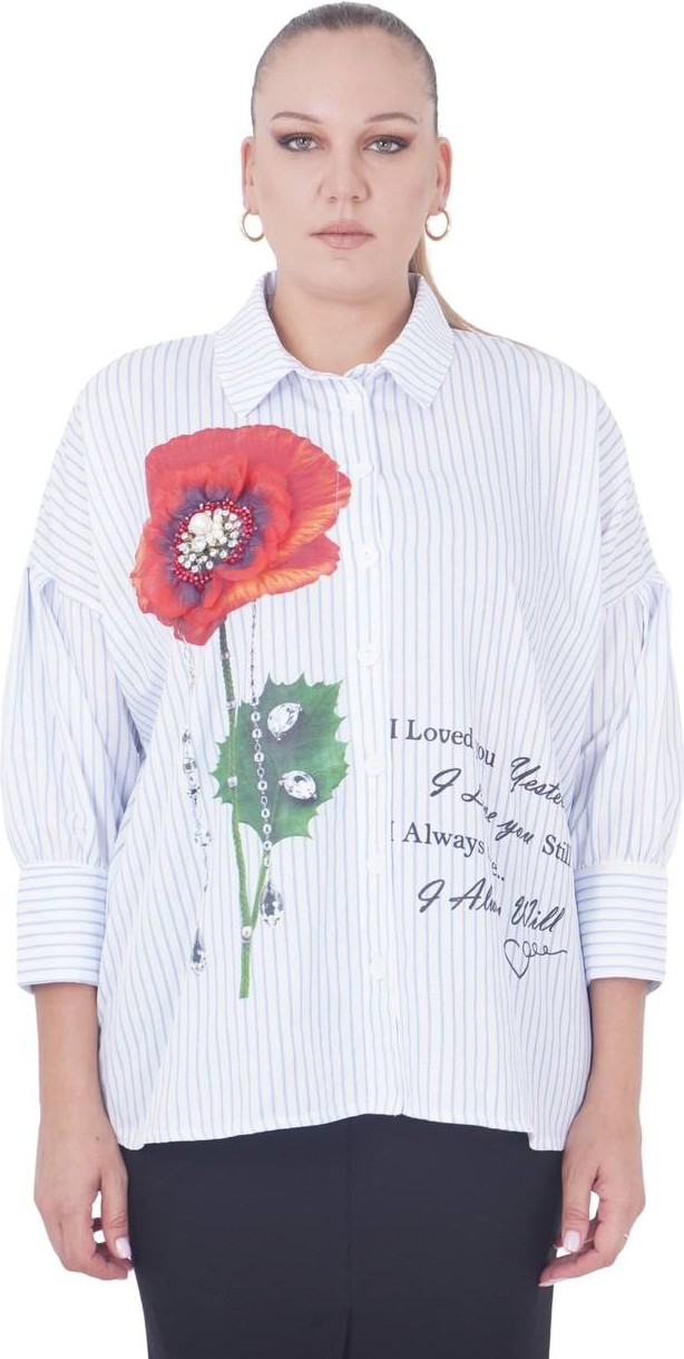 AlanyaXXL Büyük Beden Çiçek Motifli Slogan Yazılı Çizgili Gömlek