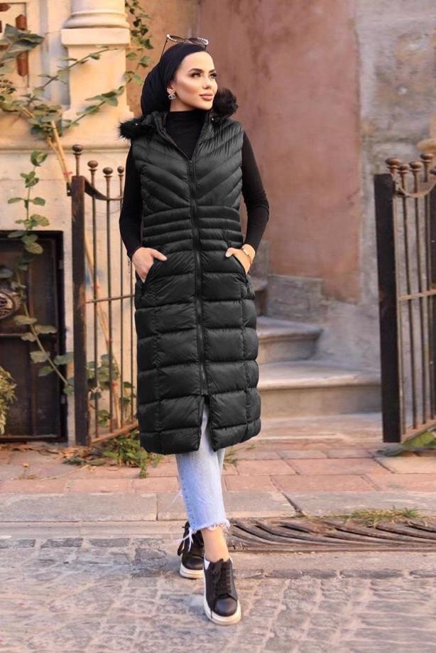 Dynamo Kadın Siyah Uzun Yelek Kapüşonlu Kolsuz Günlük Stil ve Sade Düz Desen görsel 6