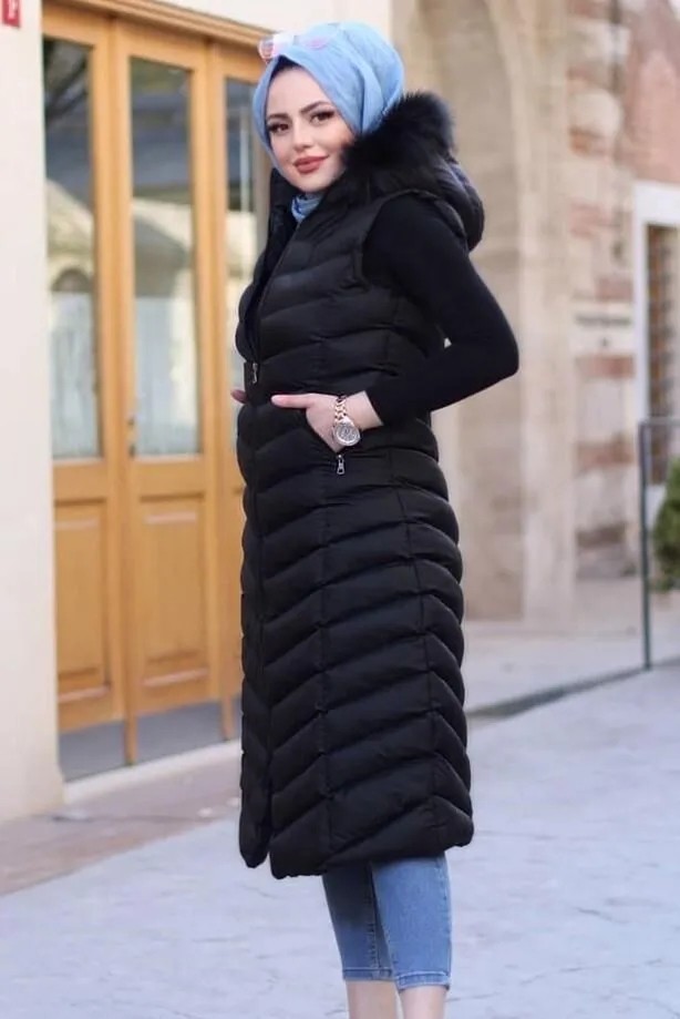 Dynamo Kadın Siyah Uzun Yelek Kapüşonlu Kolsuz Günlük Stil ve Sade Düz Desen görsel 7