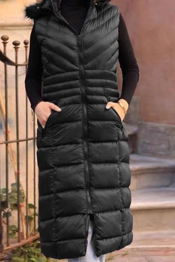Dynamo Kadın Siyah Uzun Yelek Kapüşonlu Kolsuz Günlük Stil ve Sade Düz Desen görsel 8