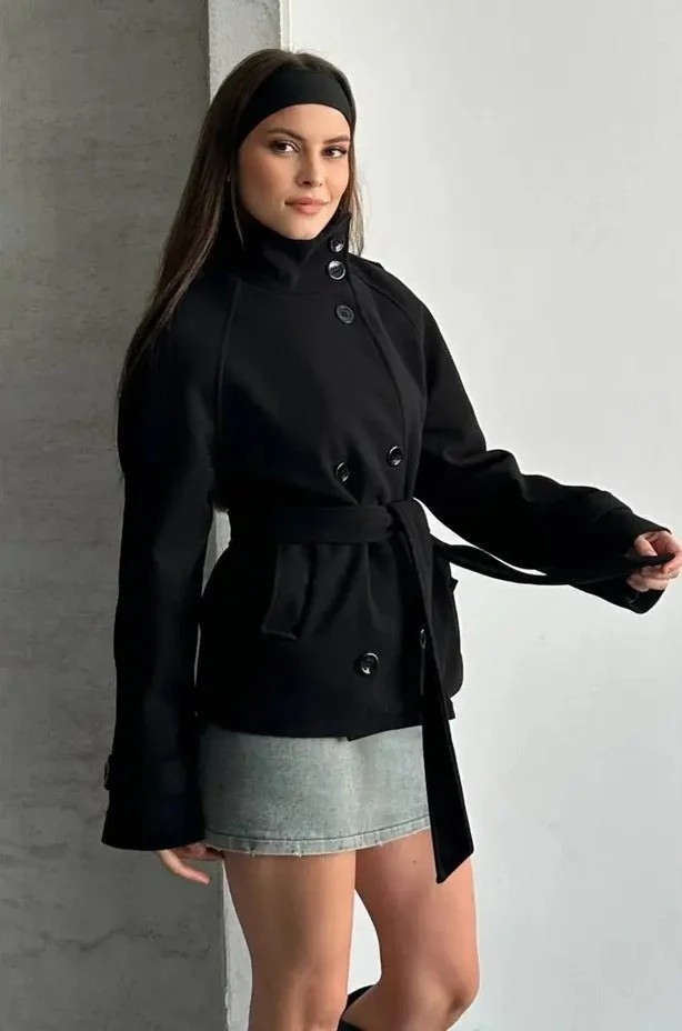 Moda Durağı Arven Dik Yaka Kuşaklı Kısa Astarlı Kaşe Kaban Siyah görsel 5