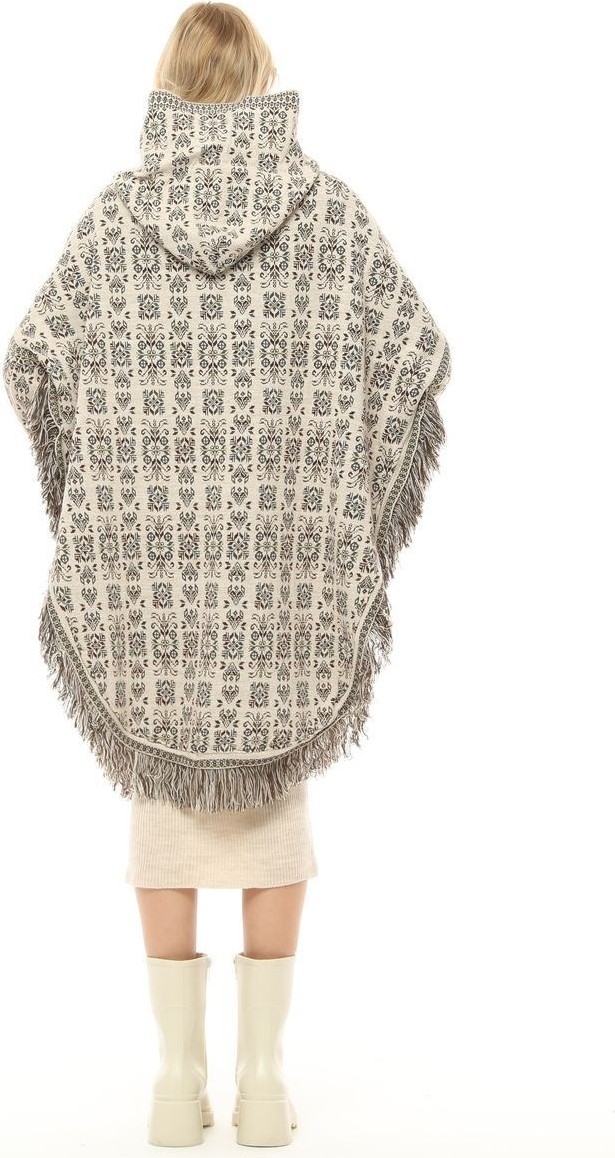 Kadın Kilim Desenli Kapüşonlu Çıtçıt Detaylı Oversize Şık Tasarımlı Kalın Panço görsel 5