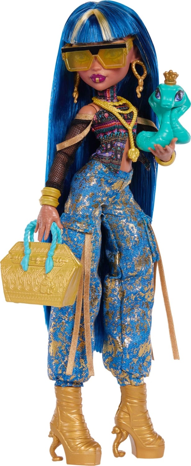 Die Grup Monster High Kısa Bluz ve Altın Rengi Detaylı Kot Kargo Pantolon Giyen Monster High Cleo De Nile Bebek, Evcil Yılanı Hissette ve Salata, Smoothie ve Çanta Gibi 7 Aksesuar, JHK32 görsel 3