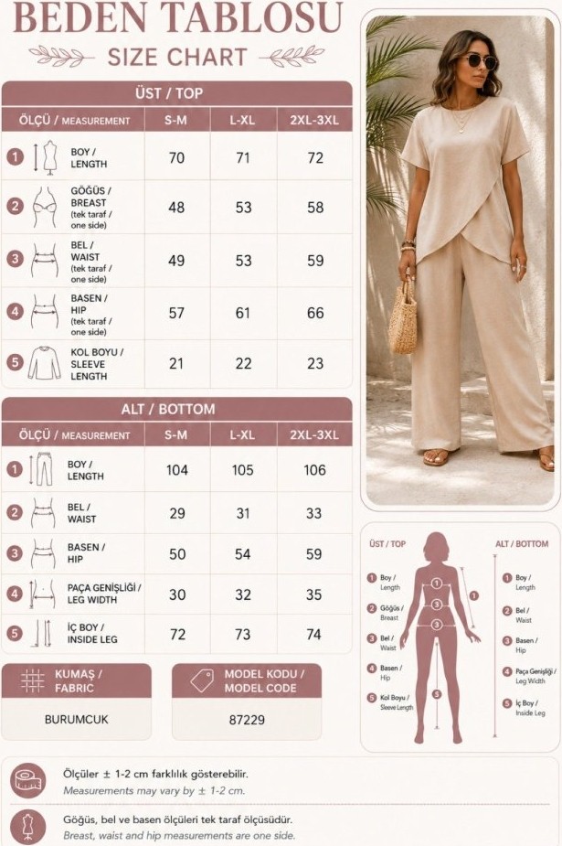 TeknoKapsül Kadın Kısa Kollu Bisiklet Yaka Asimetrik Kesim Detaylı Bürümcük Bluz ve Pantolon Ikili Takım - Bej / 2xl-3xl görsel 5