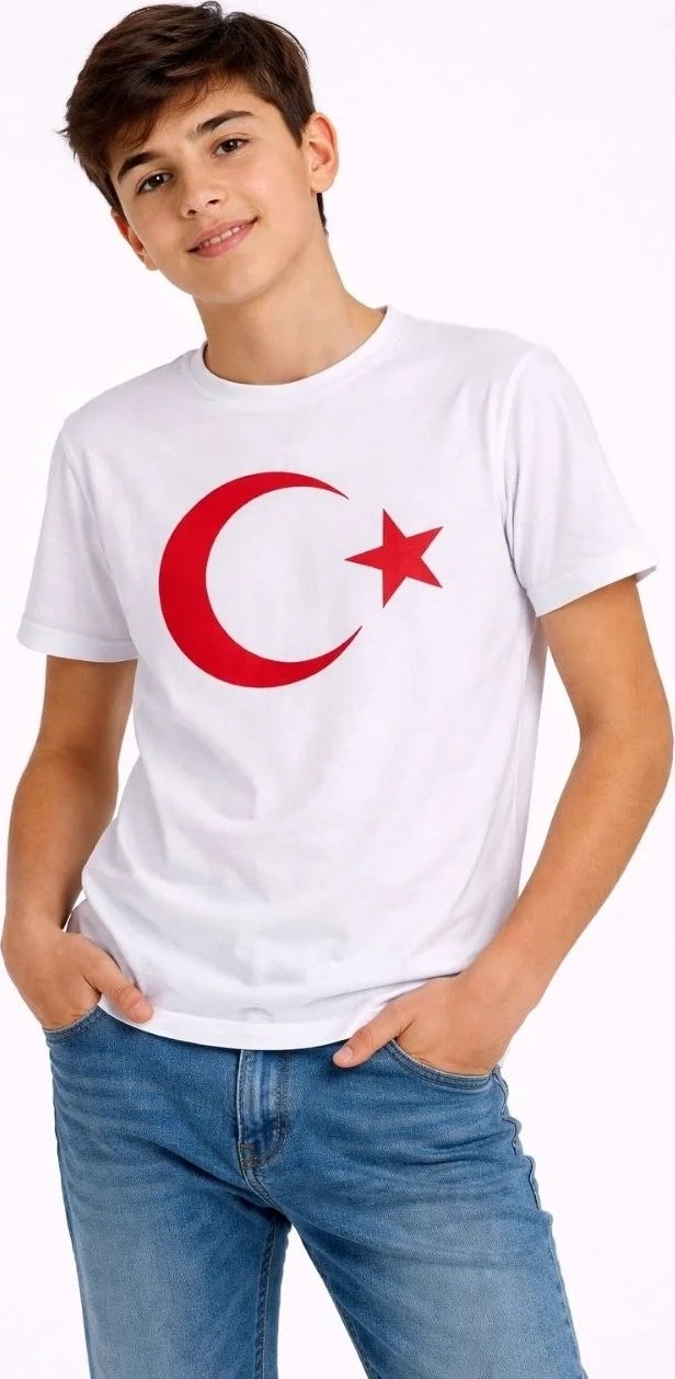 Tarz Yeri Erkek Çocuk Tişört Bisiklet Yaka Ay Yıldız Bayrak Baskılı T-Shirt - Beyaz