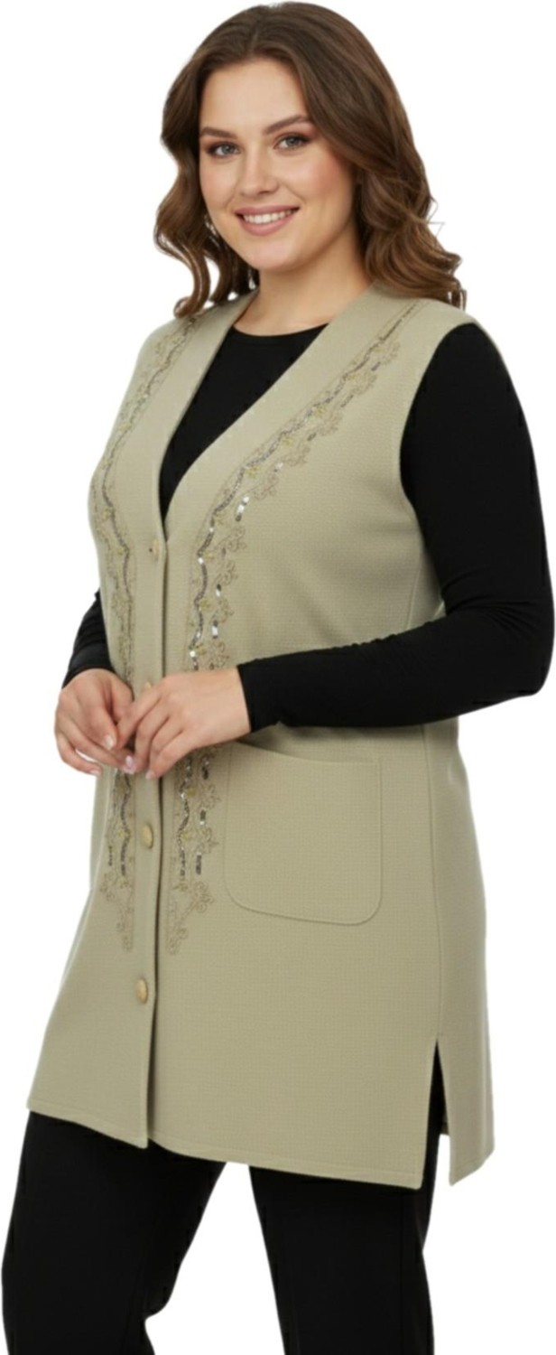 Kırmızıoğlu Triko Kadın Bej Rengi Pullu Anne Yelek NIL-1526 görsel 2