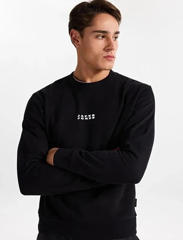 Jack & Jones Erkek Siyah Uzun Kollu Sweatshirt Regular Fit Cepsiz Minimal Tasarım
