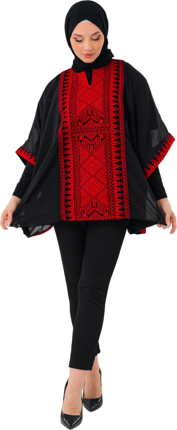 Zaytoon Tesettür Panço Filistin Nakışlı Bol Kollu Oversize Kadın Kap Ponço Freesize görsel 4