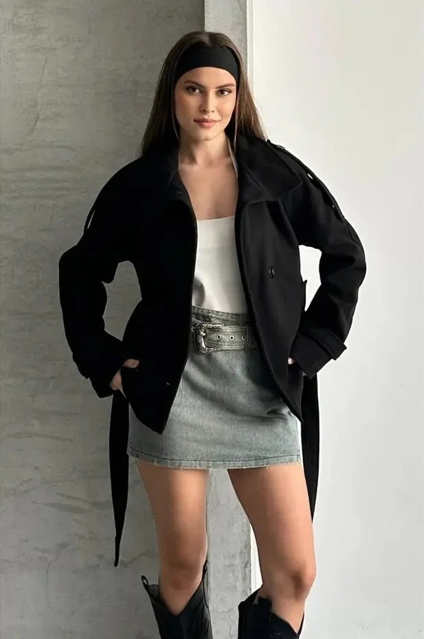 Moda Durağı Arven Dik Yaka Kuşaklı Kısa Astarlı Kaşe Kaban Siyah görsel 3
