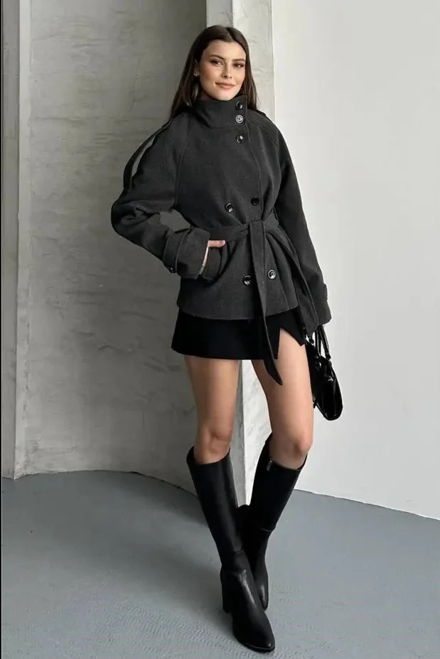 Moda Durağı Arven Dik Yaka Kuşaklı Kısa Astarlı Kaşe Kaban Antrasit görsel 3