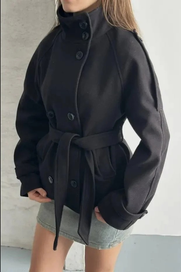 Moda Durağı Arven Dik Yaka Kuşaklı Kısa Astarlı Kaşe Kaban Siyah görsel 2