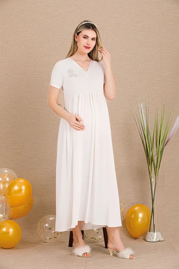 Nightlove Lady Lingerie Düğmeli V Yaka ve Dantel Gül Detaylı Kısa Kollu Hamile&lohusa Gecelik Elbise