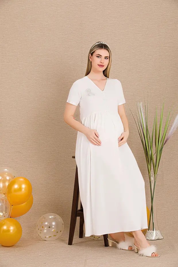 Nightlove Lady Lingerie Düğmeli V Yaka ve Dantel Gül Detaylı Kısa Kollu Hamile&lohusa Gecelik Elbise görsel 6