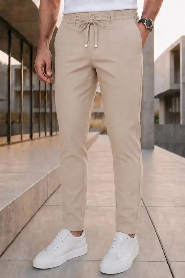 Modamesto Erkek Antrasit Slim Fit Likralı Beli Lastikli Bağcıklı Yan Cep Jogger Kumaş Pantolon