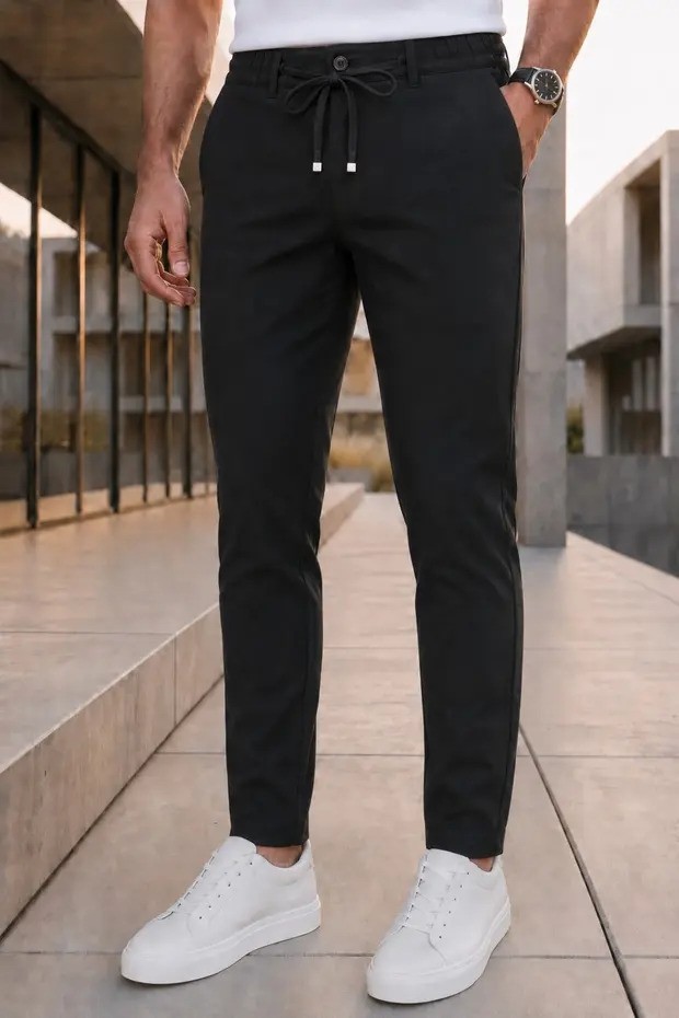 Modamesto Erkek Antrasit Slim Fit Likralı Beli Lastikli Bağcıklı Yan Cep Jogger Kumaş Pantolon