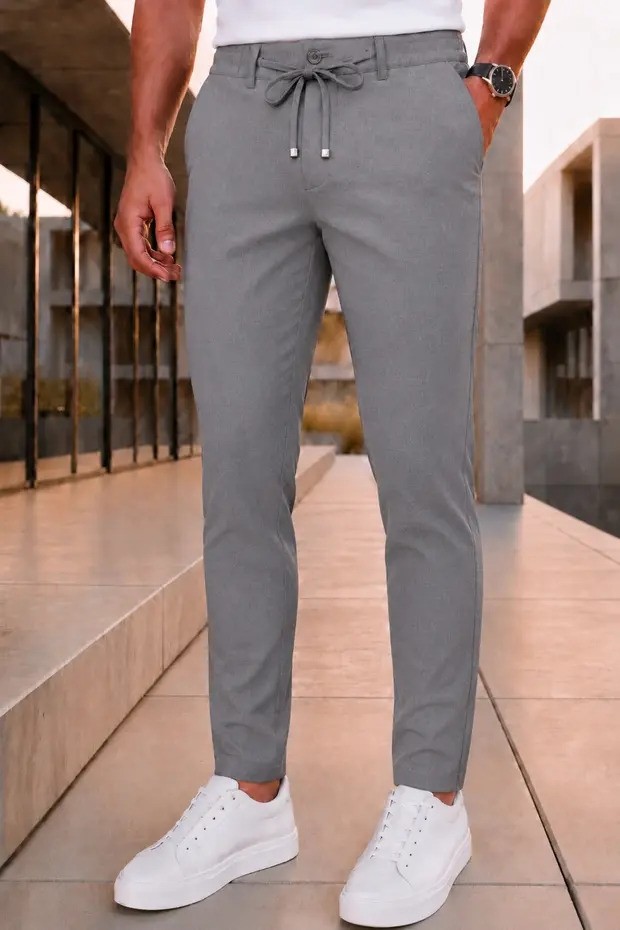 Modamesto Erkek Antrasit Slim Fit Likralı Beli Lastikli Bağcıklı Yan Cep Jogger Kumaş Pantolon görsel 7
