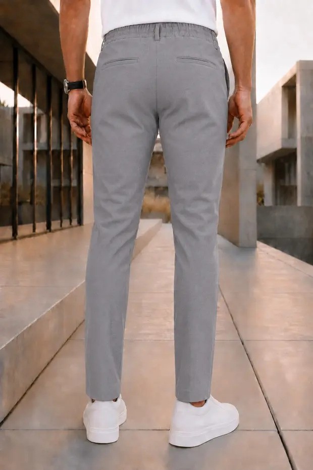 Modamesto Erkek Antrasit Slim Fit Likralı Beli Lastikli Bağcıklı Yan Cep Jogger Kumaş Pantolon görsel 8