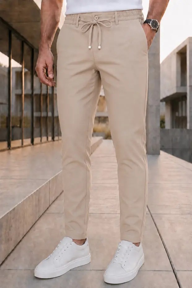 Ser Joven Erkek Siyah Slim Fit Likralı Beli Lastikli Bağcıklı Yan Cep Jogger Kumaş Pantolon