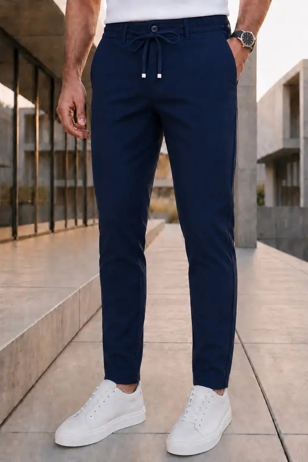 Ser Joven Erkek Siyah Slim Fit Likralı Beli Lastikli Bağcıklı Yan Cep Jogger Kumaş Pantolon