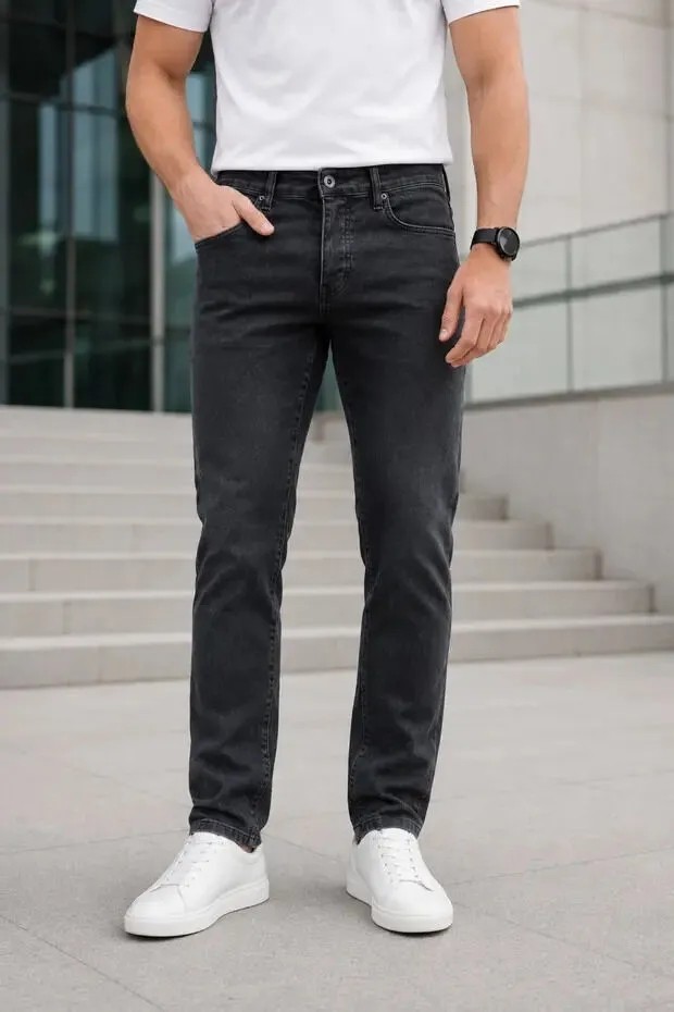 Modamesto Erkek Siyah Slim Fit Likralı Dar Paça Kot Pantolon