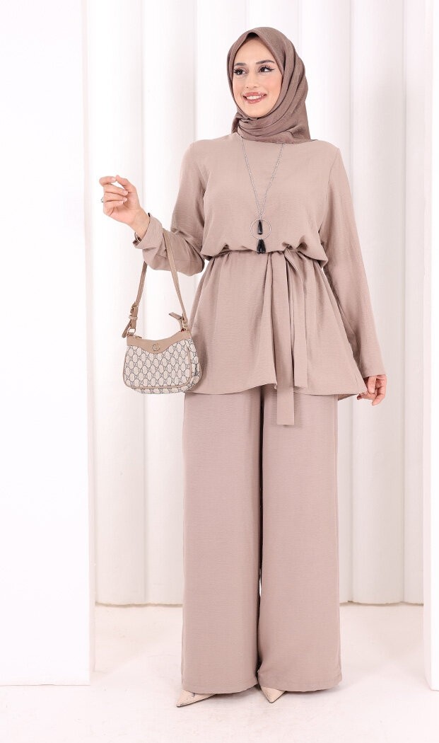 Bym Fashion Kolyeli Tunik Pantolon Takım 8027 Vizon