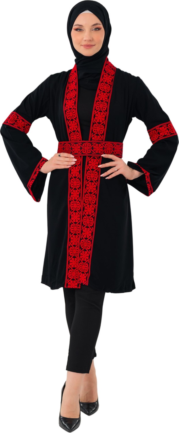 Zaytoon Tesettür Kaban Filistin Nakışlı Kırmızı Siyah Kısa Kaban Abaya Kadın görsel 7