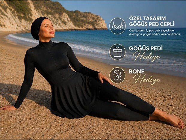 Goddy Yarı Kapalı Taytlı Fermuarlı Tesettür Mayo Siyah