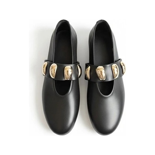 Ne&Ve Shoes Süet Gold Aksesuar Detaylı Lastikli Kadın Şık ve Rahat Babet