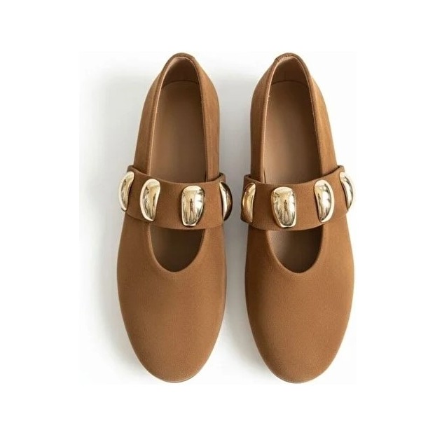 Ne&Ve Shoes Süet Gold Aksesuar Detaylı Lastikli Kadın Şık ve Rahat Babet