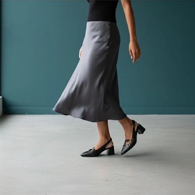 Ne&Ve Shoes Siyah Deri Üç Tokalı Kadın Sivri Burun Kalın Topuklu Ayakkabı görsel 6