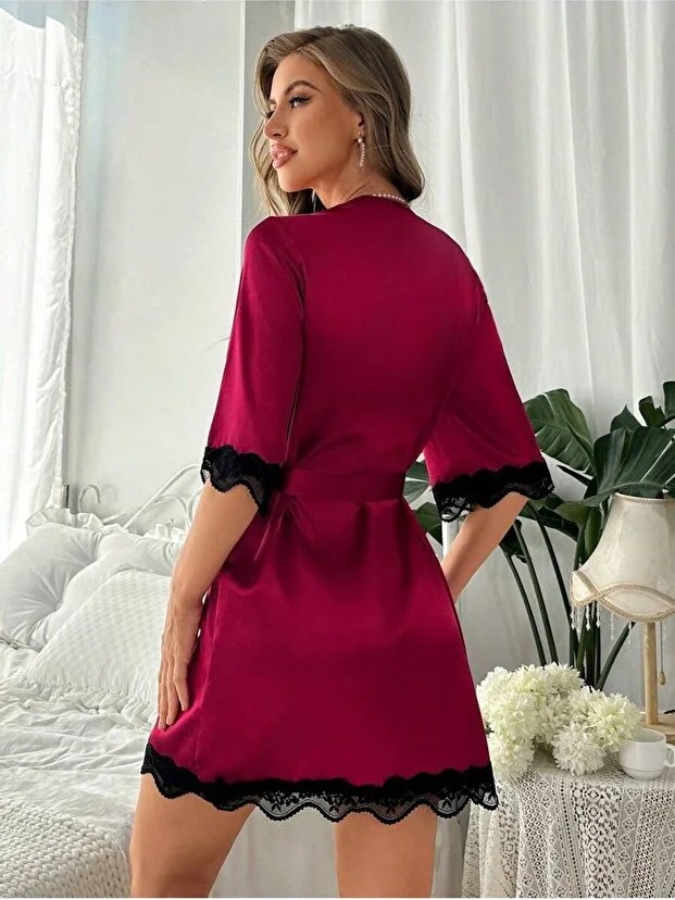 Jermo Kadın Ön ve Kolları Dantel Detaylı Sade ve Şık Düz Renk Kısa Saten Sabahlık görsel 7