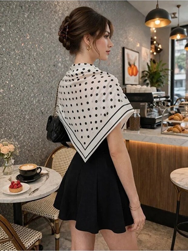 Tarzını Seç Beyaz Puantiye Model Fular Bandana Şal Estascarf 70X70 cm görsel 2