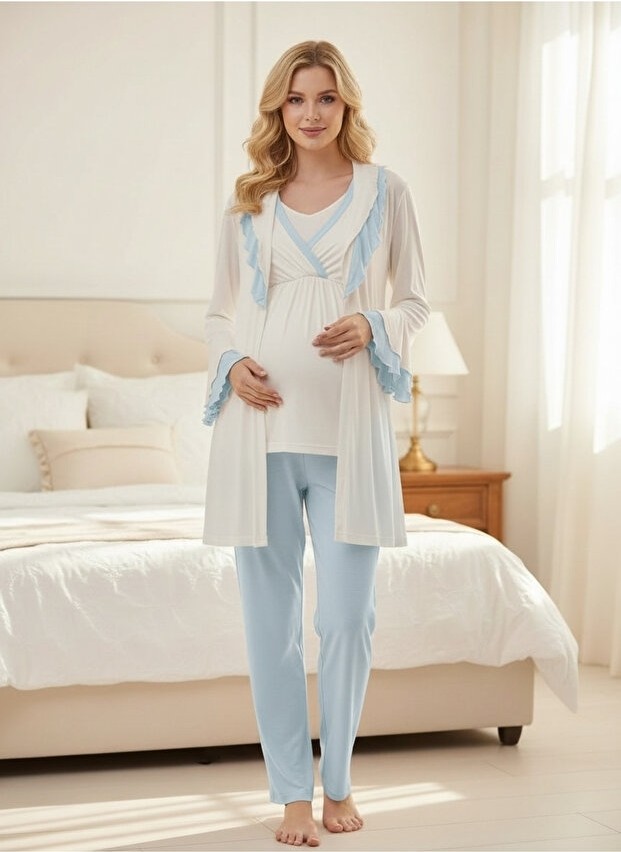 raia Yeni Sezon Pudra Şal Yaka Volanlı Yazlık Tasarım Kısa Kollu Hamile Lohusa Sabahlık Pijama Takımı Set görsel 8