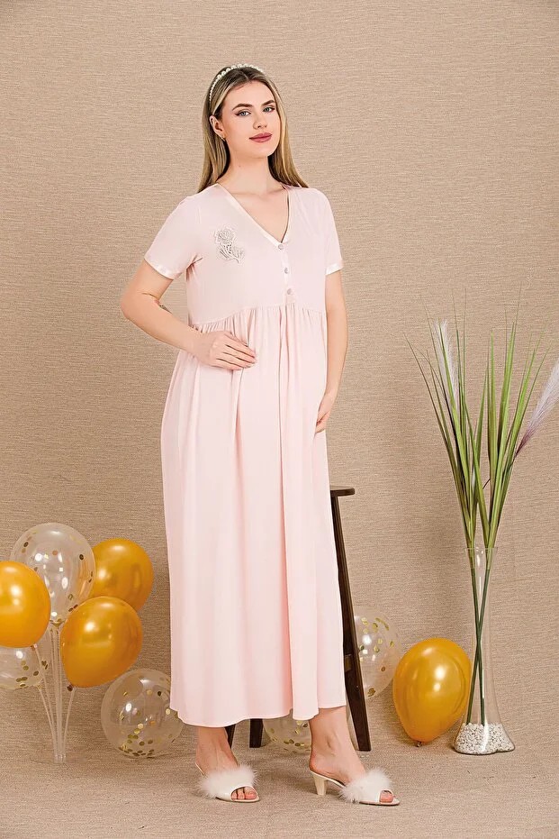 Nightlove Lady Lingerie Düğmeli V Yaka ve Dantel Gül Detaylı Kısa Kollu Hamile&lohusa Gecelik Elbise