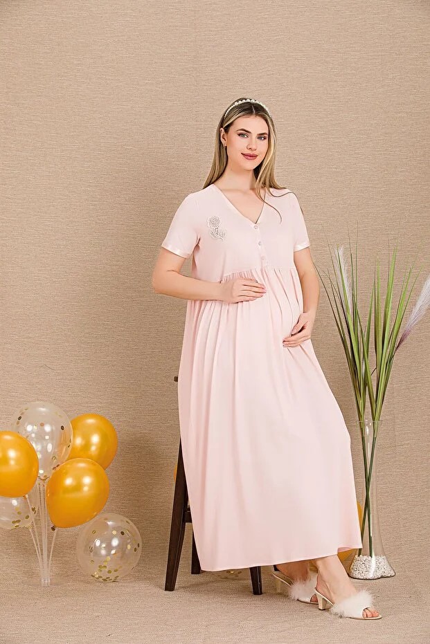 Nightlove Lady Lingerie Düğmeli V Yaka ve Dantel Gül Detaylı Kısa Kollu Hamile&lohusa Gecelik Elbise görsel 2