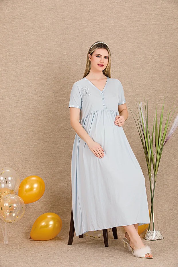 Nightlove Lady Lingerie Düğmeli V Yaka ve Dantel Gül Detaylı Kısa Kollu Hamile&lohusa Gecelik Elbise