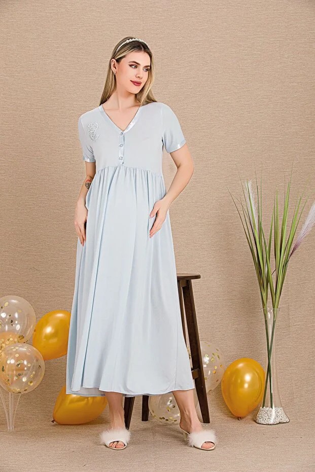 Nightlove Lady Lingerie Düğmeli V Yaka ve Dantel Gül Detaylı Kısa Kollu Hamile&lohusa Gecelik Elbise görsel 4