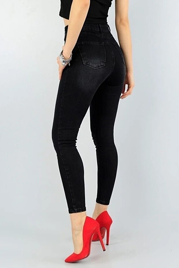 ArVib Kadın Siyah Antrasit Tırnaklı Eskitmeli Yüksel Bel Dar Paça Skinny Pamuk Likralı Kot Pantalon görsel 2