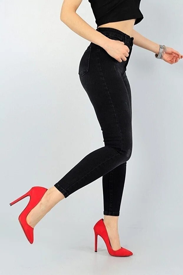 ArVib Kadın Siyah Antrasit Tırnaklı Eskitmeli Yüksel Bel Dar Paça Skinny Pamuk Likralı Kot Pantalon görsel 3