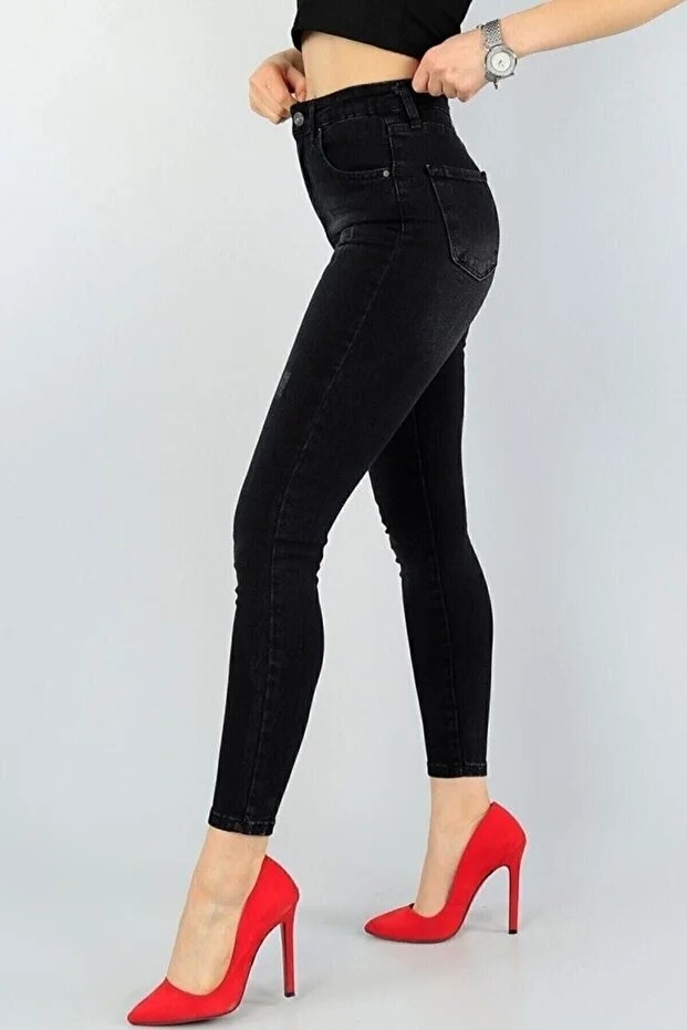 ArVib Kadın Siyah Antrasit Tırnaklı Eskitmeli Yüksel Bel Dar Paça Skinny Pamuk Likralı Kot Pantalon görsel 4