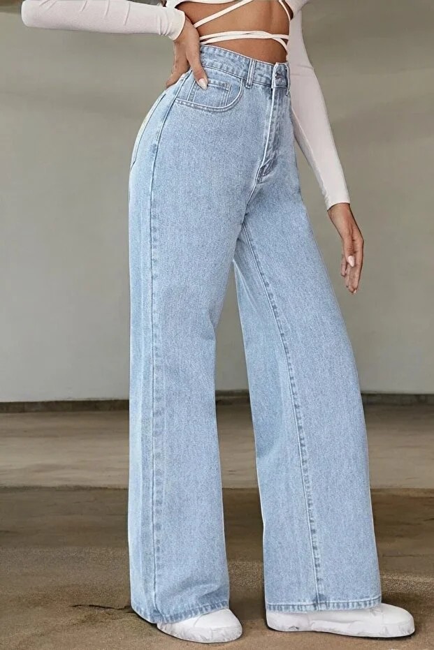 ArVib Genç Kız Mavi Yıkama Yüksek Bel Likralı Salaş Bol Paça Jeans