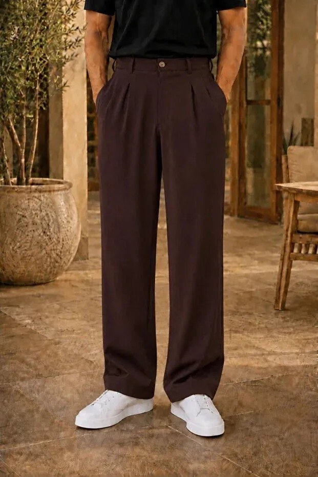 Ser Joven Erkek Lacivert Baggy Fit Rahat Kesim Pileli Kumaş Pantolon