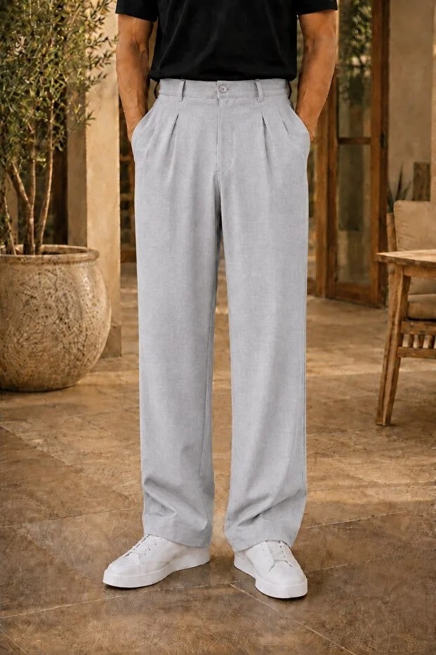 Ser Joven Erkek Lacivert Baggy Fit Rahat Kesim Pileli Kumaş Pantolon