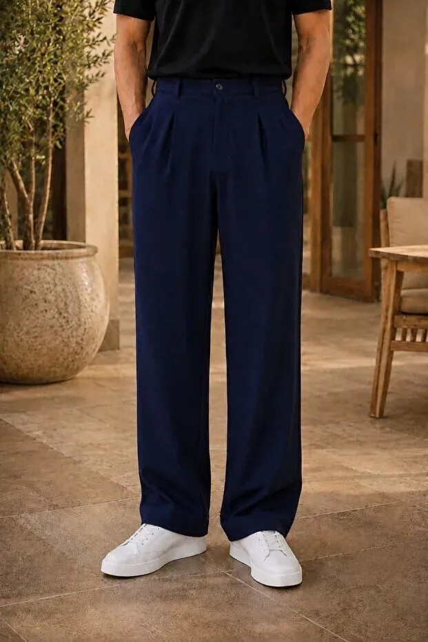 Ser Joven Erkek Lacivert Baggy Fit Rahat Kesim Pileli Kumaş Pantolon