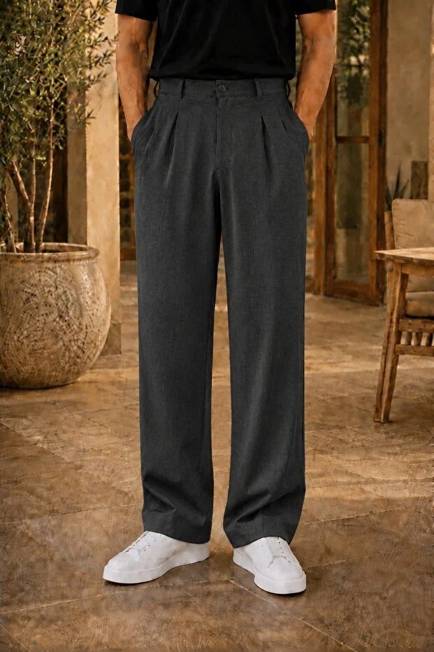 Ser Joven Erkek Lacivert Baggy Fit Rahat Kesim Pileli Kumaş Pantolon görsel 3